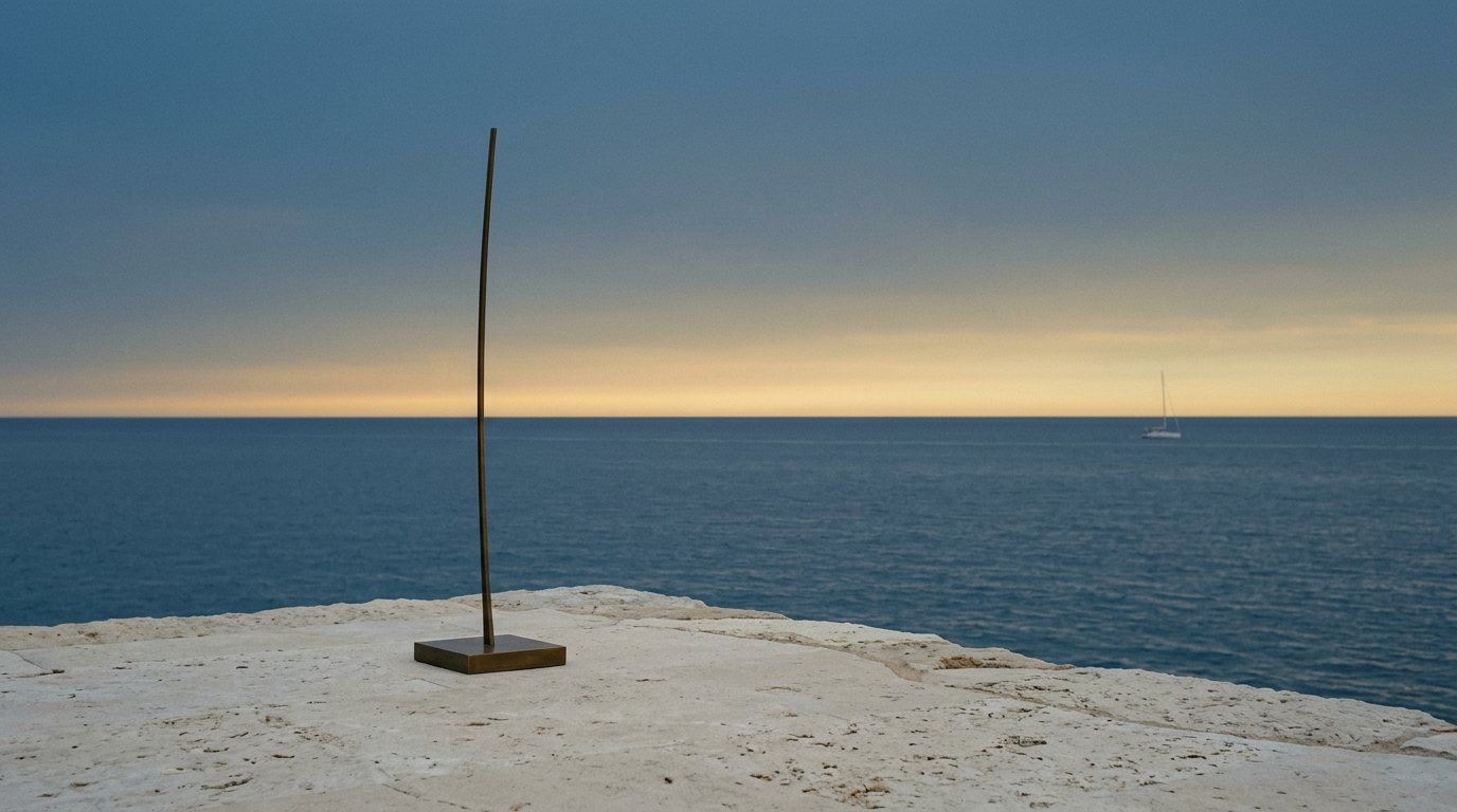 Eine schlanke Bronzeskulptur auf einer hellen Steinterrasse über dem Mittelmeer, am Horizont eine feine goldene Linie und ein Segelboot.